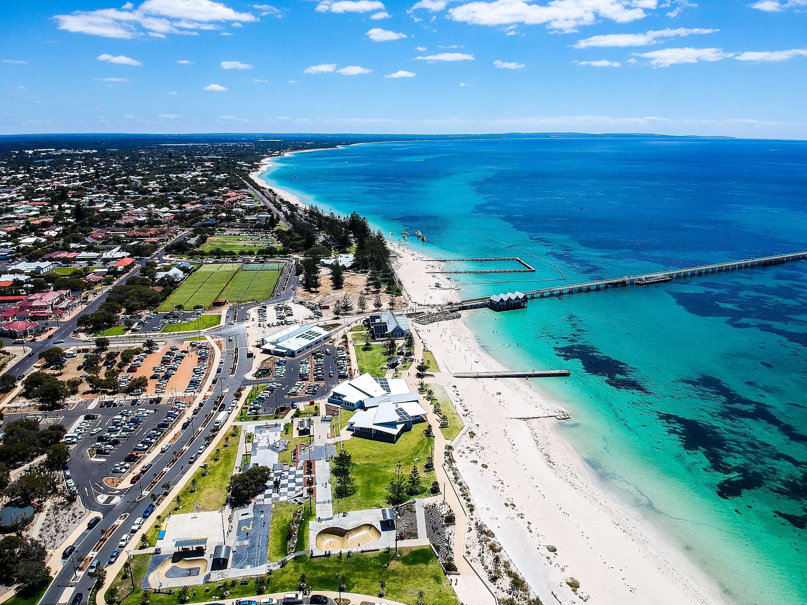 An aerial view of Busselton Jetty in Western Australia.