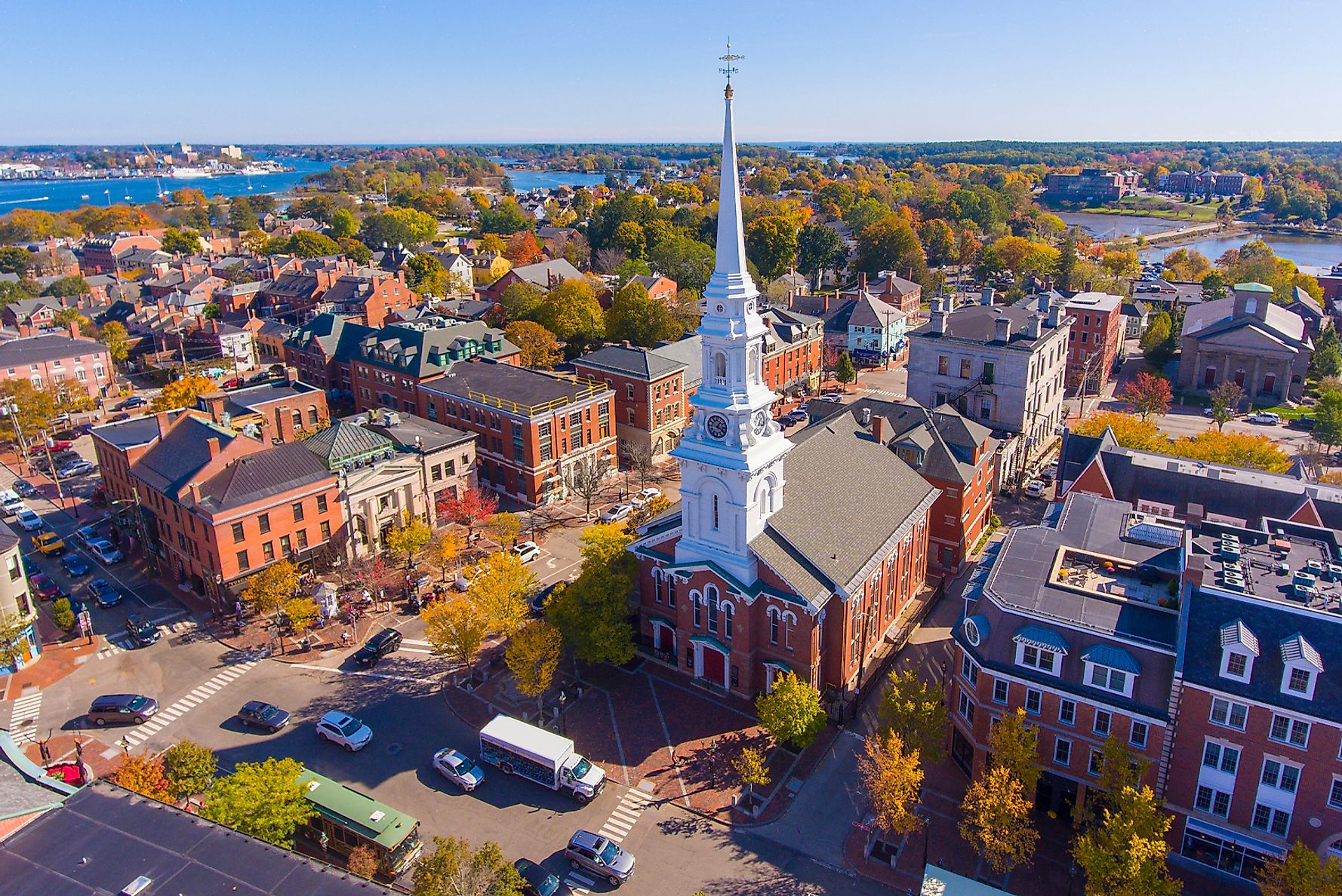 Aerial view of Market Square in Portsmouth, New Hampshire.