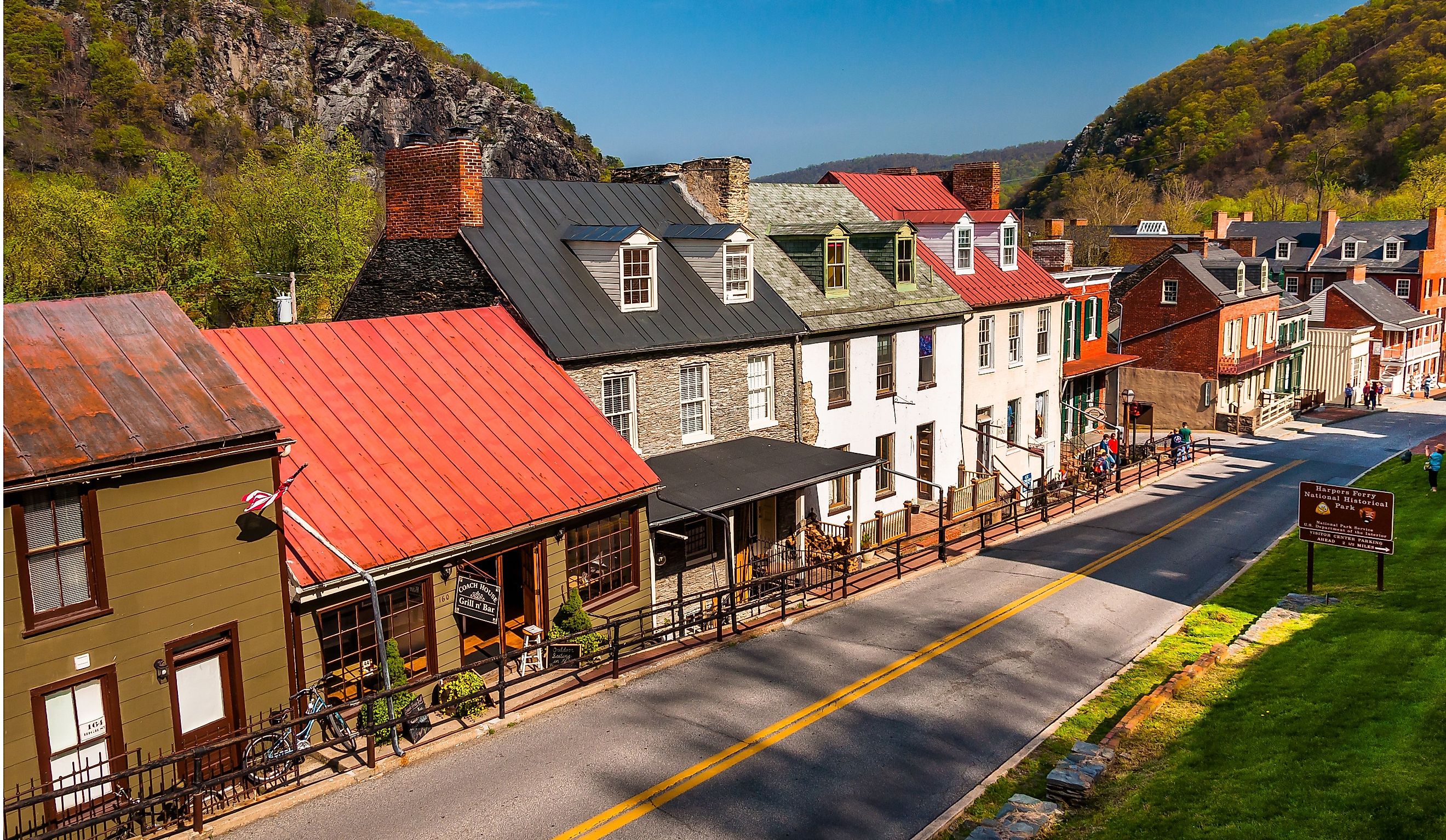 View of historic buildings and shops on High Street in Harper's Ferry, West Virginia.