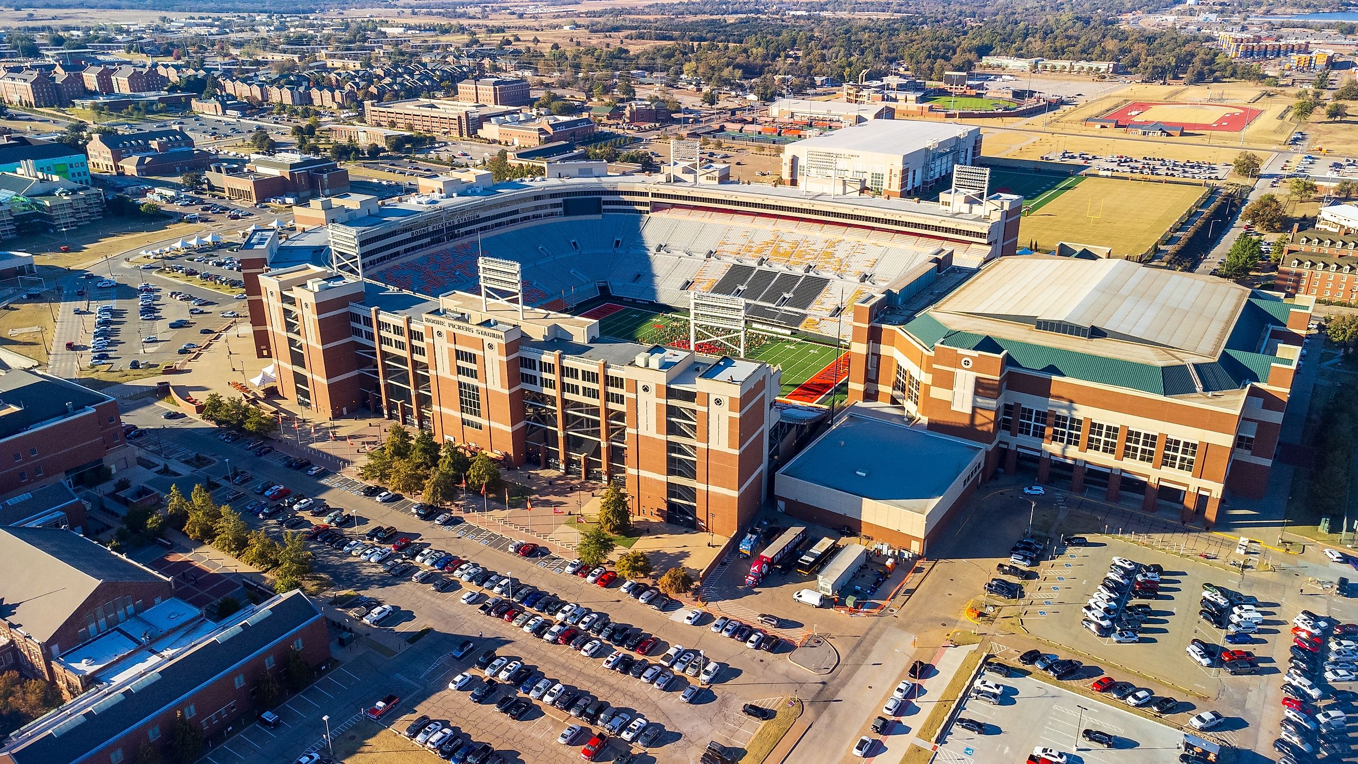 Aerial view of Boone Pickens Stadium in the town of Stillwater, Oklahoma. Editorial credit: Chad Robertson Media / Shutterstock.com