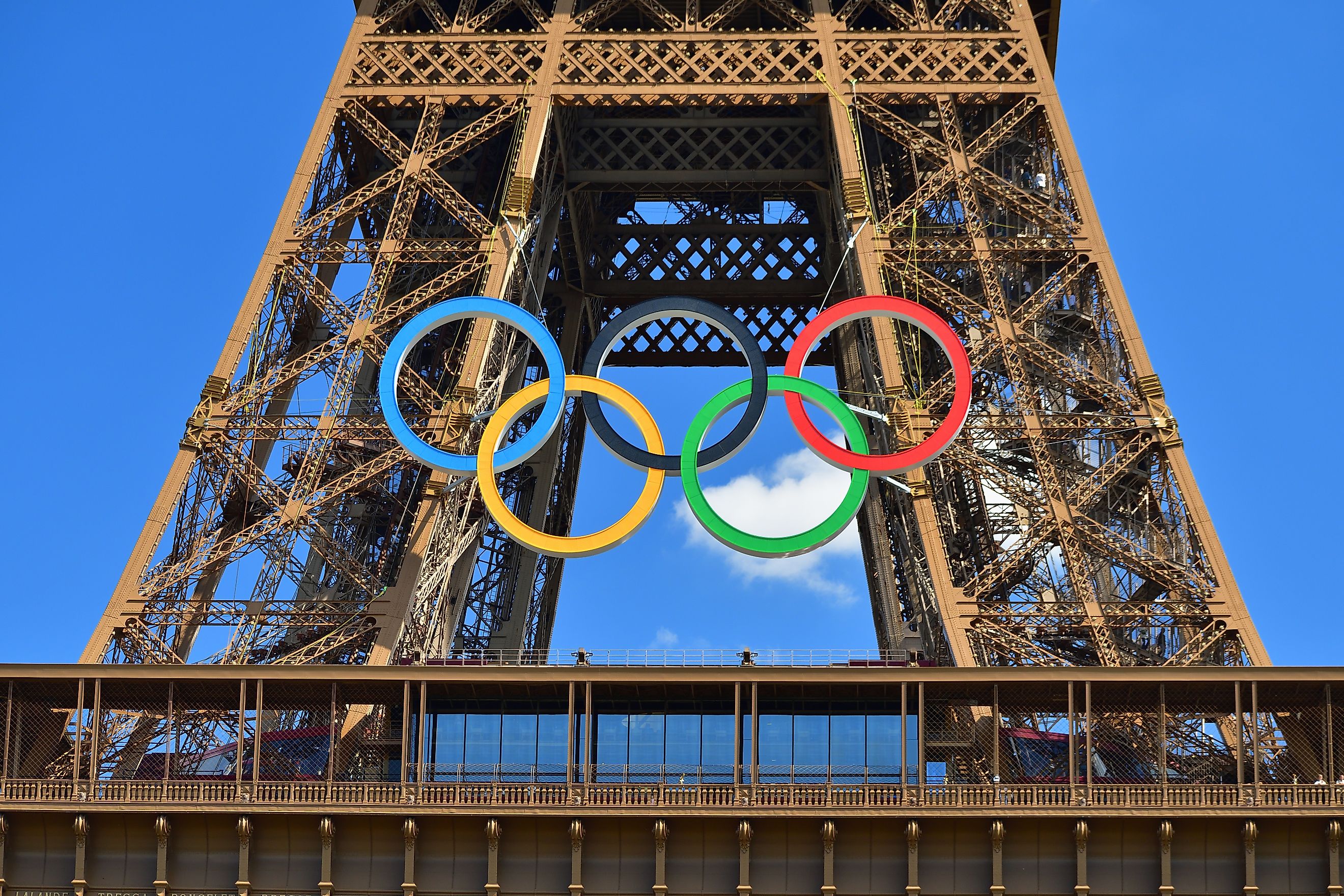 The Olympic rings installed on the Eiffel Tower for the Paris 2024 Olympics. Image by noriox via Shutterstock.com