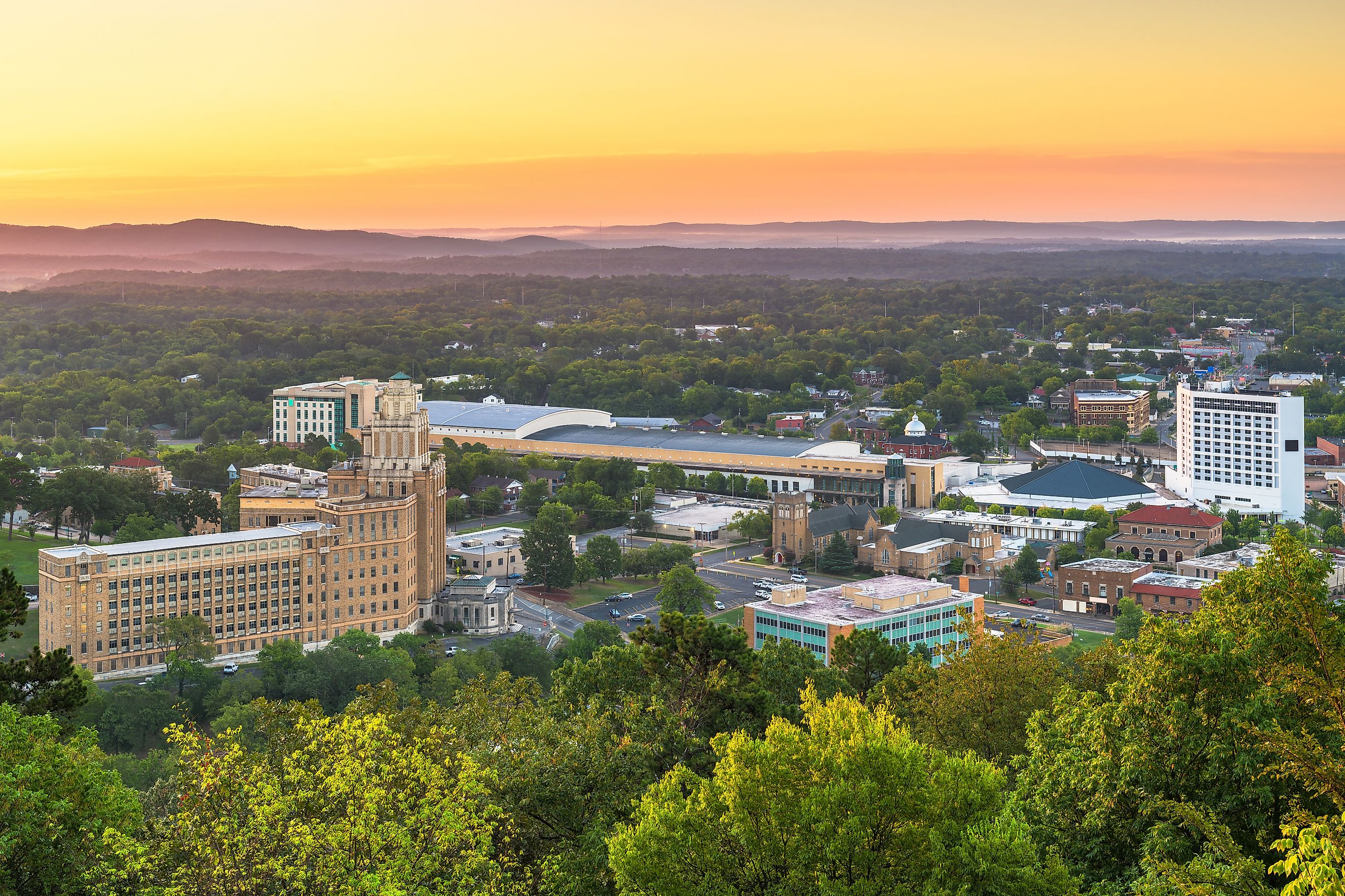 Town skyline of Hot Springs, Arkansas.