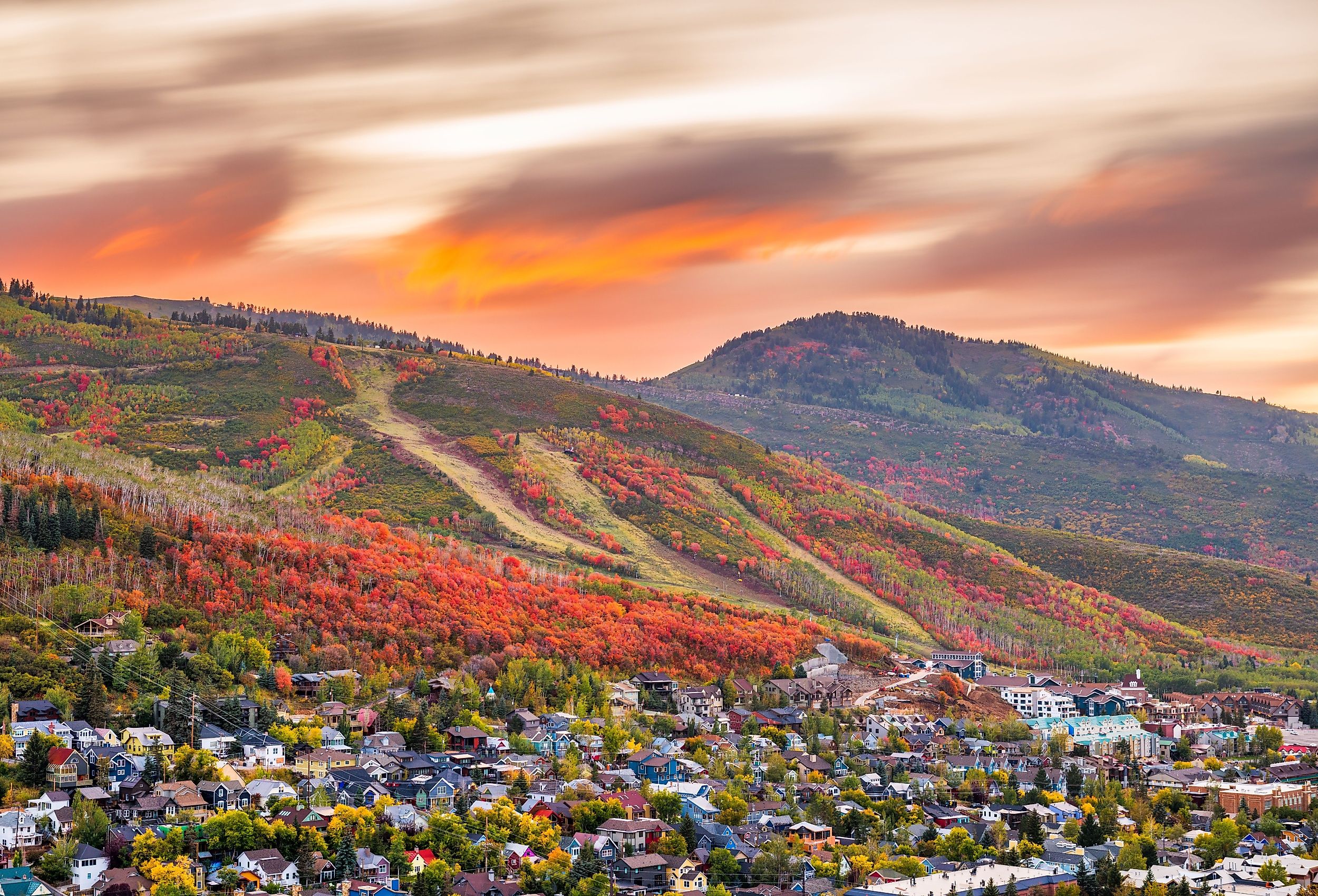 Park City, Utah, USA downtown in autumn at dusk.