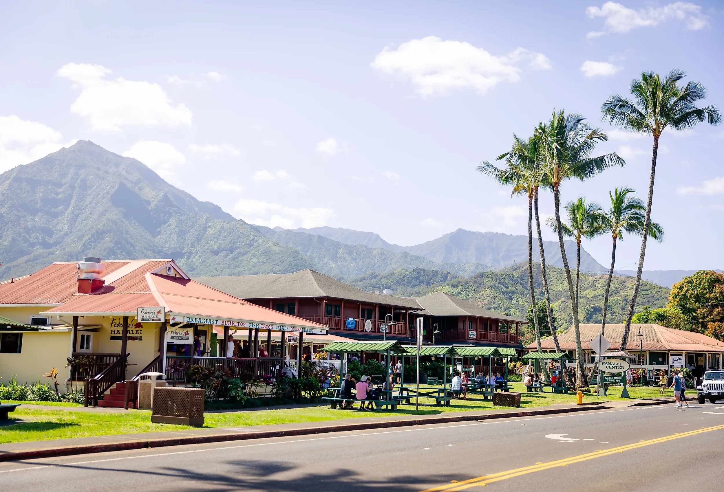 Downtown Hanalei, a beautiful town on the North Shore of the island of Kauai, Hawaii. Editorial credit: bluestork / Shutterstock.com