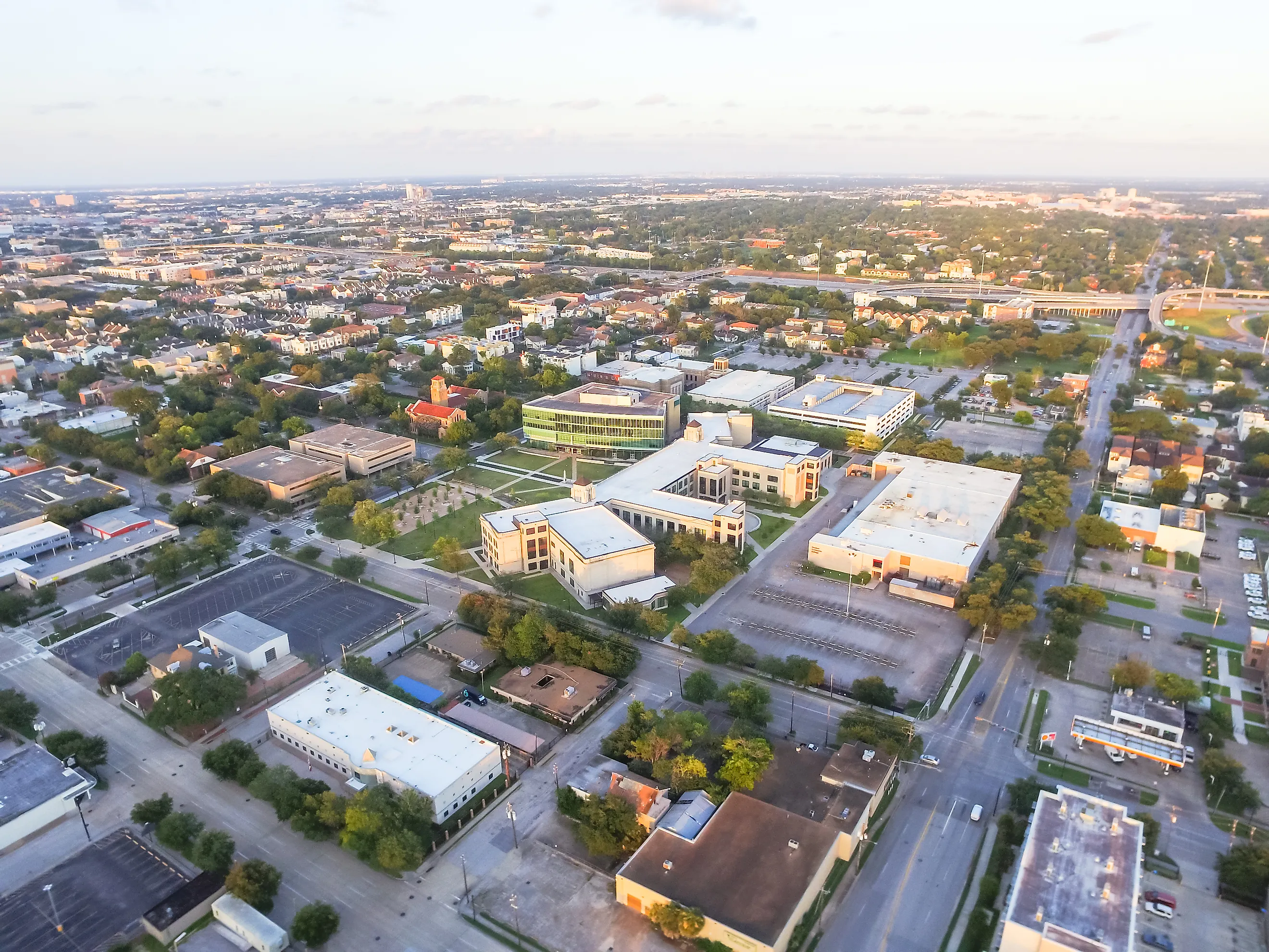 Aerial view business management district in midtown Houston, Texas.