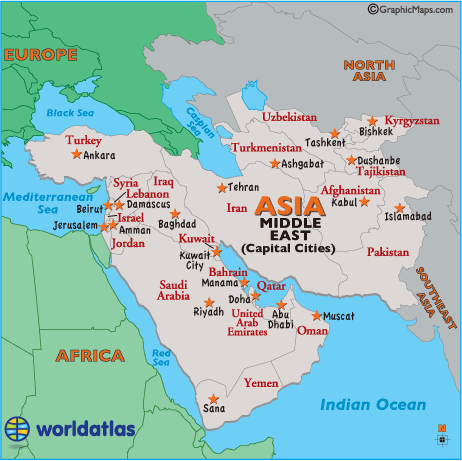 middle east map quiz capitals Middle East Capital Cities Map Map Of Middle East Capital Cities By World Atlas middle east map quiz capitals