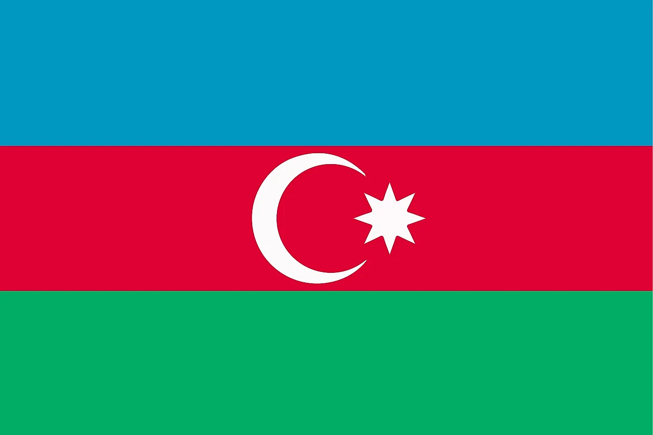Flag of Azerbaijan The Tricolor Flag of Azerbaijan features three equal horizontal bands with a crescent and a star at the center of the middle band.
