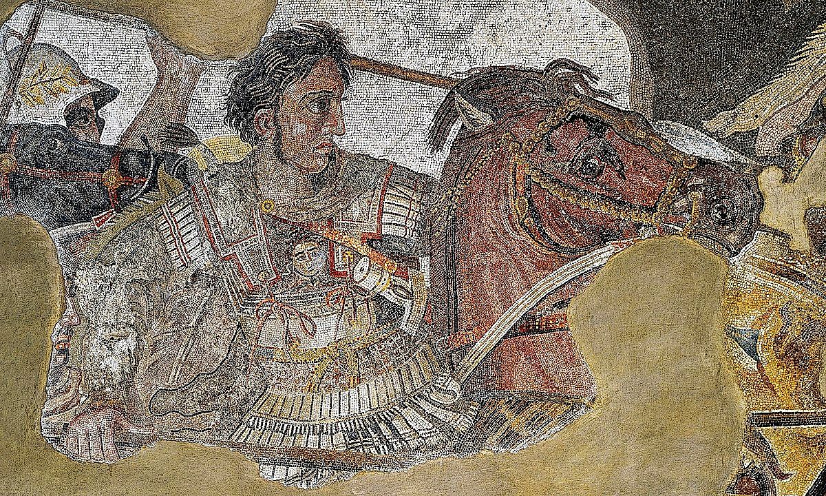 Alexander the Great depicted at the Battle of Issus against Darius III of Persia in 333 BC, as part of a larger Roman floor mosaic dating from around 100 BC.