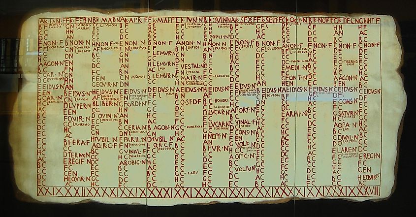 A reproduction of the Fasti Antiates Maiores, a painted wall-calendar from the late Roman Republic