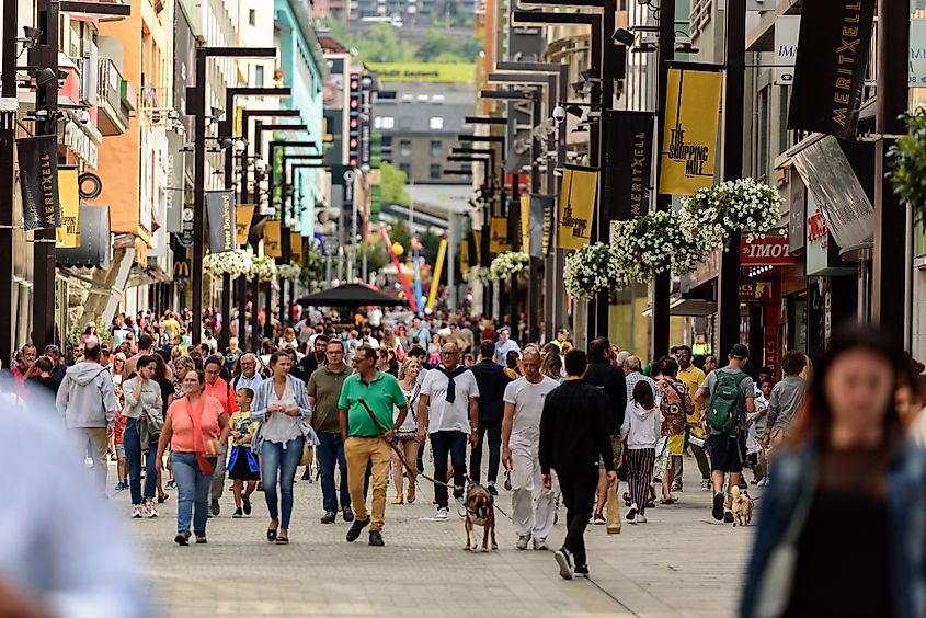 People Walk in the Comercial Street named Meritxell. Andorra la Vella, Andorra.