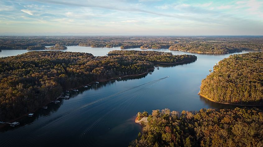 Aerial Autumn Lake Hartwell, Georgia.